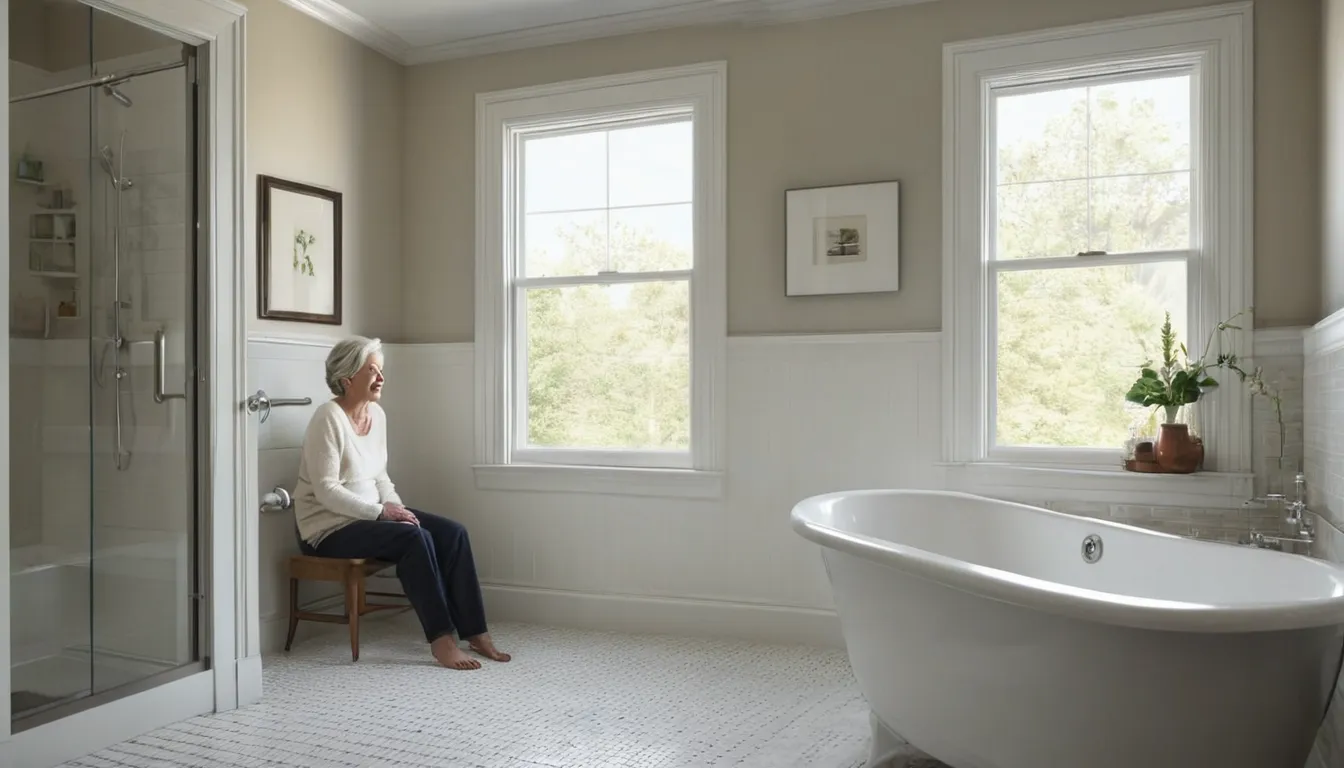A homeowner sitting in a walk-in tub with the side door closed in a bright bathroom in Jersey City